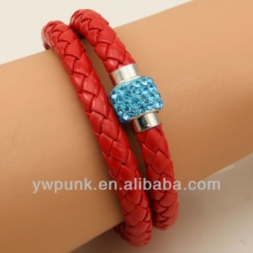 Supply DIY inlaid rhinestones crystal bangle polymer clay magnetic clasp two circles red PU leather fluorescent bracelet