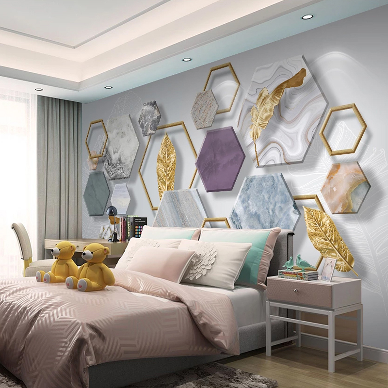 Custom 3D Photo Wallpaper Murals Modern Marble Geometric Golden Leaves TV Background Wall Painting Living Room Mural Wallpaper