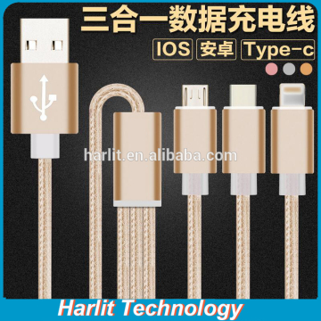 3 in 1 Fabric Weaved USB Data Cable For iPhone Android and Type C Tablet PC and Smart Phone Type C 3 in 1 USB Charger Cable