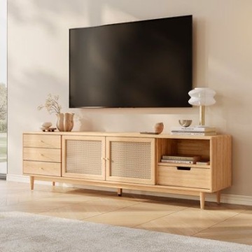 Modern Farmhouse TV Stand with Sliding Barn Doors and Adjustable Shelves for TVs Up to 65 Inches