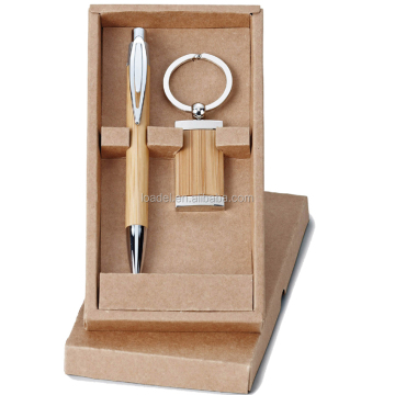 Customized Bamboo Pen Set with Logo Keychain and Pen Case Gift