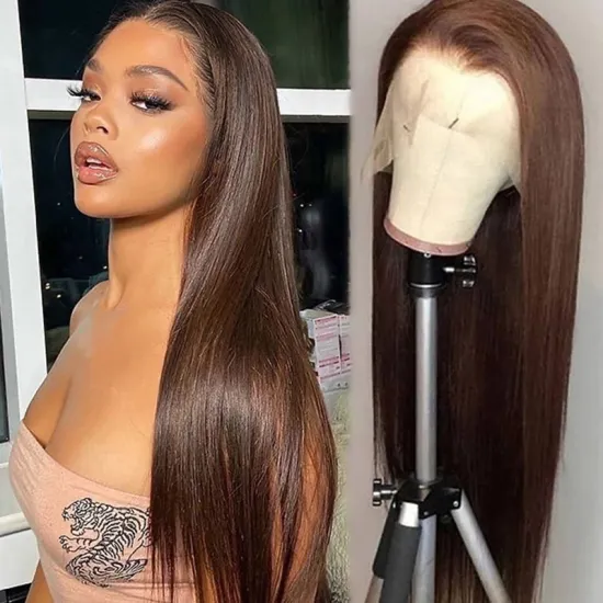 Factory wholesale price 100% Brazilian human hair woman wig natural brown color Body Wave 4*4 lace frontal wig with baby hair