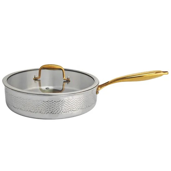 3 Ply Gold Handle Frying Pan - Hammered Stainless Steel Clad Skillet
