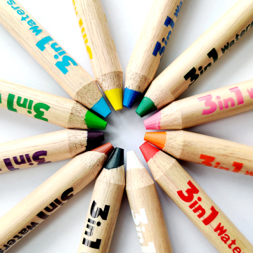 Hot Selling Jumbo Size 3 in 1 Wood Colored Pencils with Sharpener and Brush