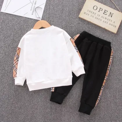 Children's spring and autumn clothes baby clothes set boy top + pants striped plaid baby clothes set kids