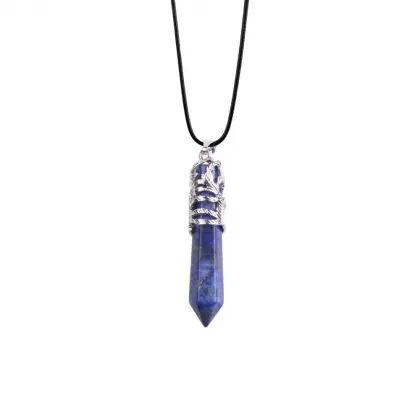 Hot Gemstone Hexagon Prism phoenix Alloy Lapis Lazuli Stone Pendant Necklaces