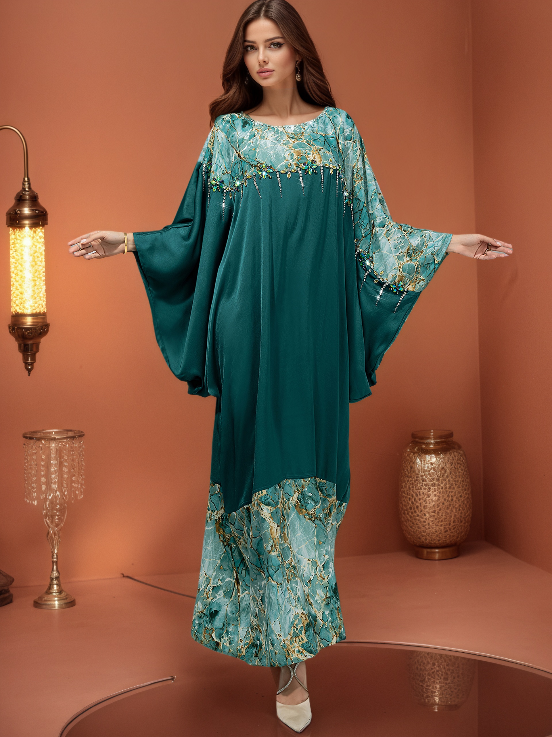 Luxury Abaya Morocco Kaftans Sequins Islamic Clothing Muslim Fashion Dress Batwing Sleeves Evening Party Jalaibya Dress4