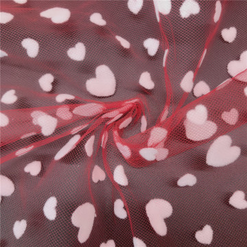 New Design White Heart Flocking Tulle Mesh Fabric