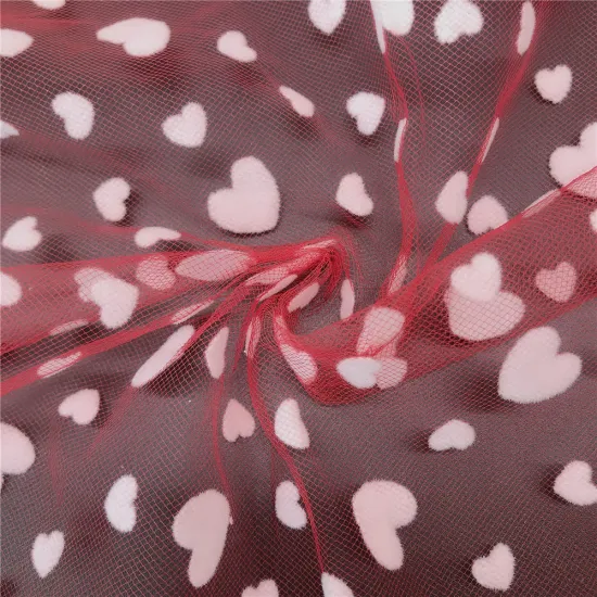 New Design White Heart Flocking Tulle Mesh Fabric