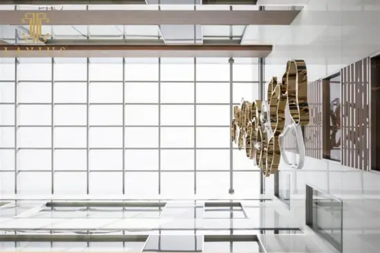 Long modern glass chandelier for staircase