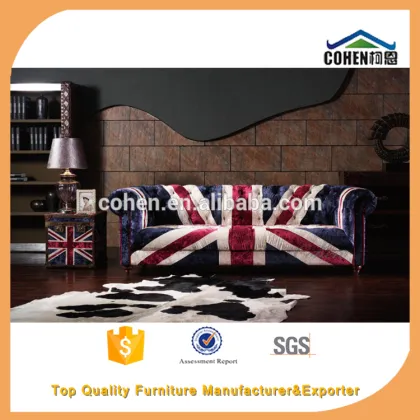 Factory direct sale Europe vintage sofa living room furniture chesterfeild union jack fabric sofa