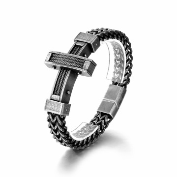 KALEN Men's Vintage Oxidized Black Stainless Steel Cross Herringbone Chain Bracelet