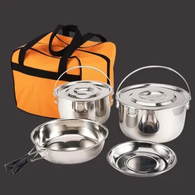 Stainless Steel Folding Handle Hanging Pot Portable Outdoor Camping Cookware Set