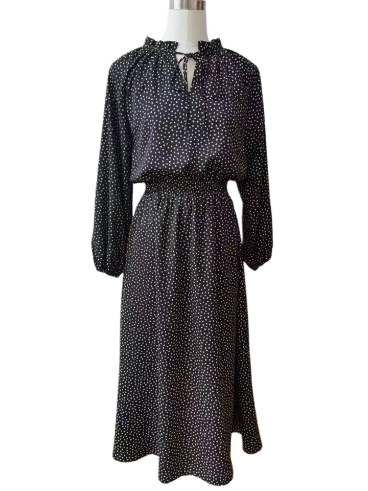 Dot Print Smocked And Tie Neckline Maxi Dress