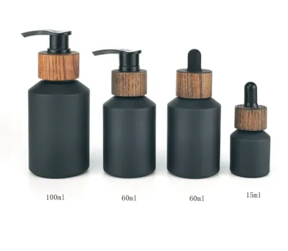 Matte Black Glass Lotion Bottle Bamboo caps