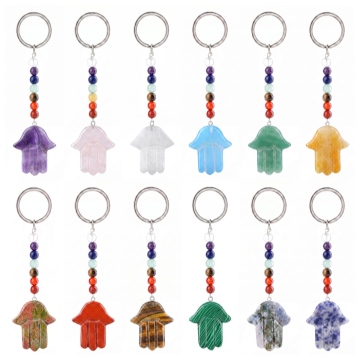 Natural Stone Fatima Hand Charm Keychain Gemstone 7 Chakra healing Pendant Handmade Carved Hamsa Hand Keychain 7 Chakra Bag Tags