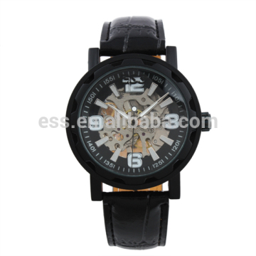 Brand Men's Black Luxury Stainless Steel Skeleton Semi-Automatic Leather Mechanical Watch