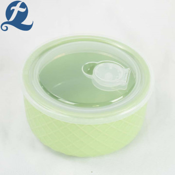 Emboss salad fruit storage ceramic bowl with lid