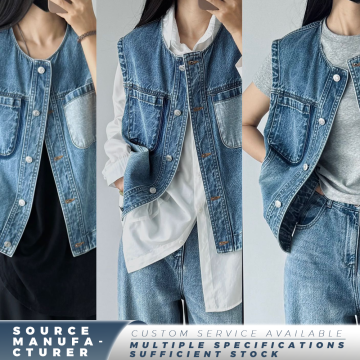 Vintage Pocket Cargo Denim Vest with Distressed Finish