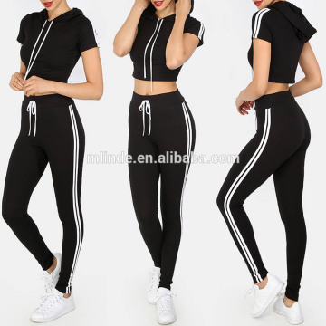 Black Short Sleeve T-shirt Thin Hoodie & Tie Waist Pants, Designer Women Branded Tracksuits