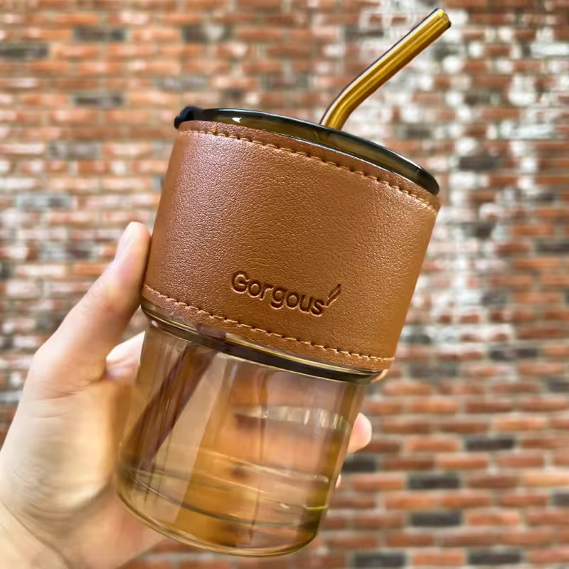 Liberty Glass Tumbler with Leather Sleeve and Straw