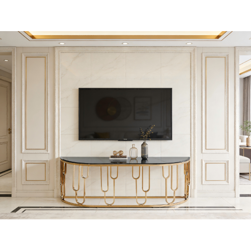 Mesa de console com tampo de vidro com estrutura de aço inoxidável