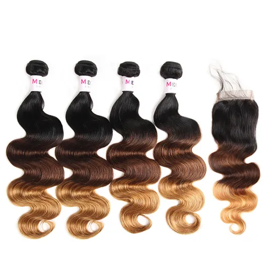 Three Tone Body Wave Ombre Brazilian Human Hair 4 Bundles Weave Wet and Wavy with Closure