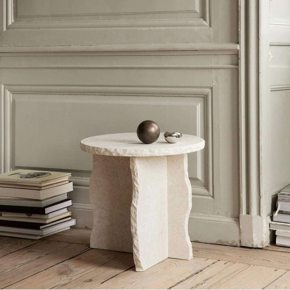 Table d'appoint en pierre de travertin wabi blanc wabi-sabi