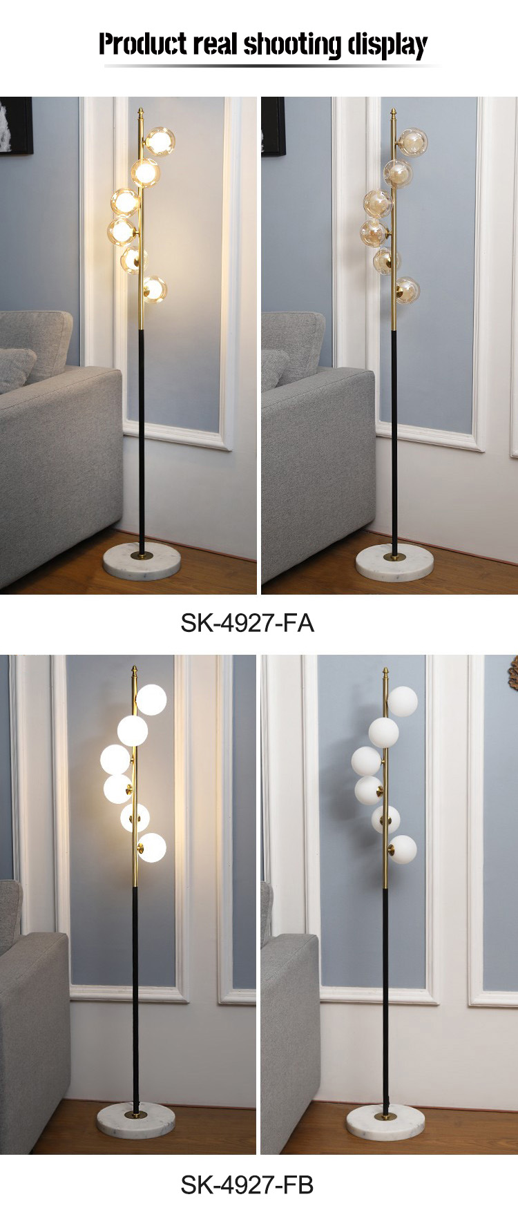 The floor lamp with its white marble base, black gold pillar, and opal glass spheres is a perfect blend of modern and classic design elements.