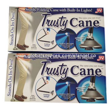 Trusty cane folding and adjustable walking stick with triple tread base and built-in LED light