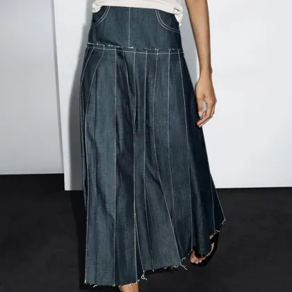 Women's retro denim minimalist commuting style box pleated denim skirt