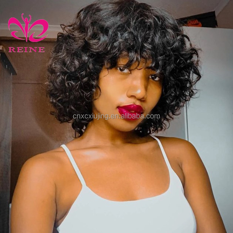 99J Short Bob Curly Wig for Women Burgundy Colored Bouncy Curly Human Hair Wigs with Bangs Full Machine Made Brazilian Remy Hair