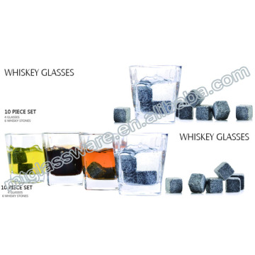 heavy square base whiskey glass with whiskey stone