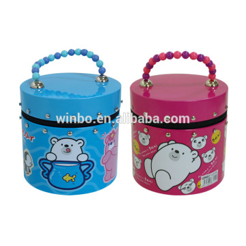Round decorative personalized tin box with pearl handle