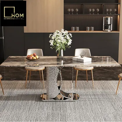 High-End Snow Mountain White Rock Multi-person Dining Table Set Lauren Black for Hotel Restaurant Home