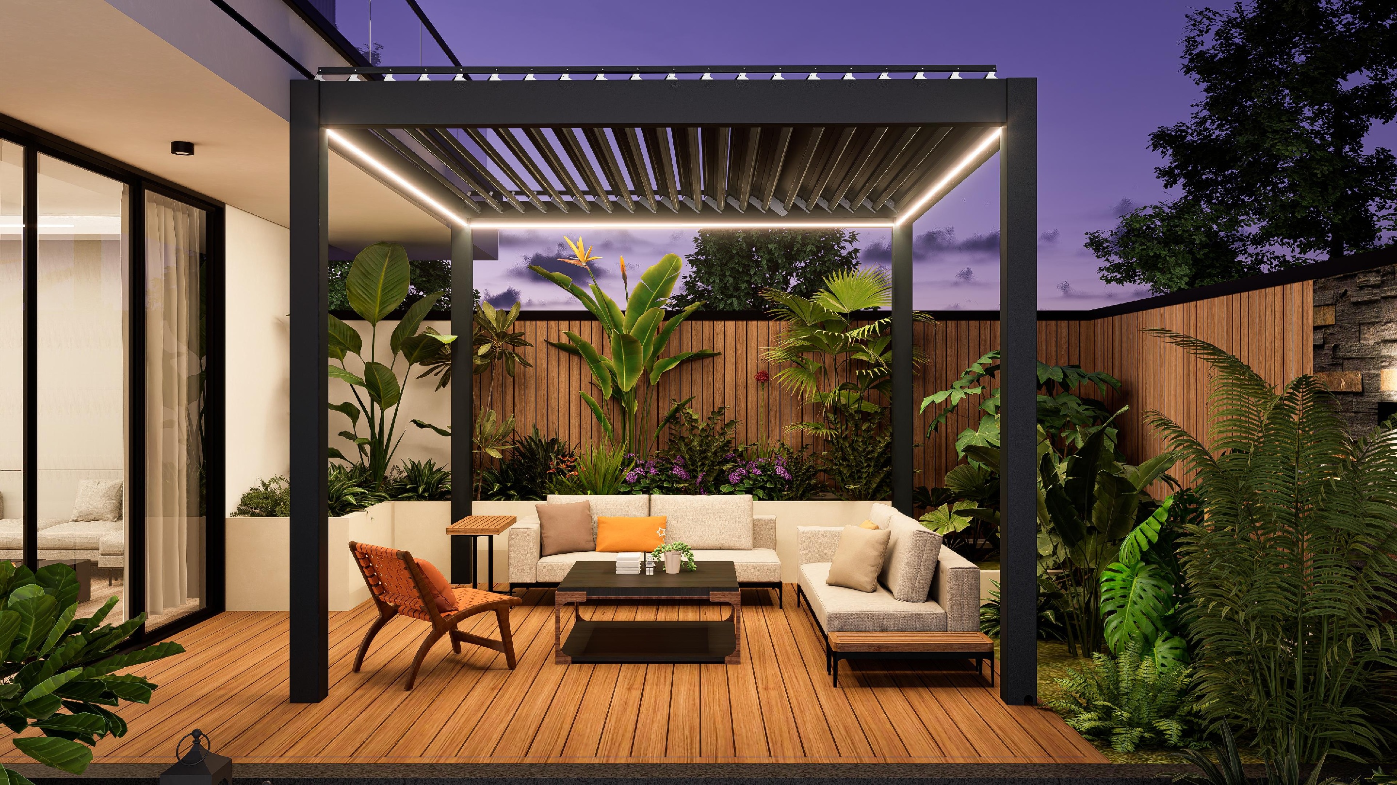 Pérgola motorizada de alumínio com iluminação LED em terraço ao entardecer
