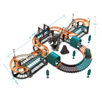 ของเล่นรถไฟไดโนเสาร์ไฟฟ้าสำหรับเด็กของเล่นด้วยรถรางและช่องห่วงสำหรับชุดประกอบ DIY