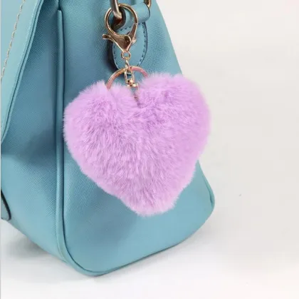Fluffy Fur Pompom Keychain Soft Solid Color Heart Shape Pompom Faux Rabbit Fur Ball Car Handbag Key Ring Gift Accessories