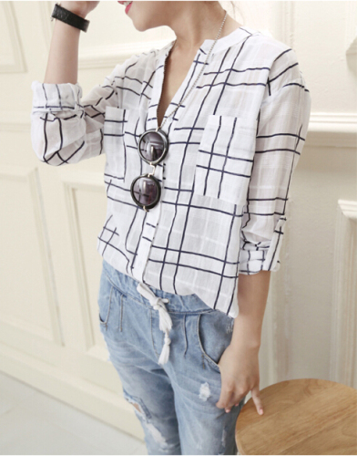 Women's stand collar check pattern printed shirt