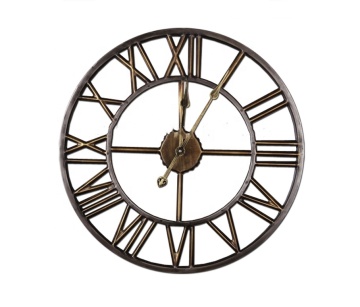 Brass Color Antique Metal Wall Clock with Large Size Vintage Roman Numerals