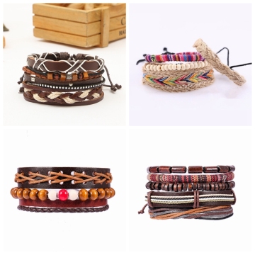 catena a maglie Braccialetti Bracciale in pelle intrecciata Bracciale da uomo e da donna avvolto con perline di legno tribù etnica Regolabile