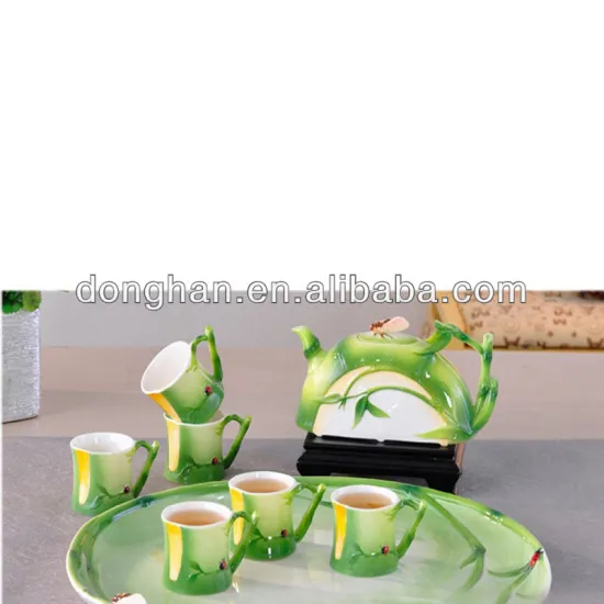 green ceramic tea cup with cups,bamboo ceramic tea cup pot set