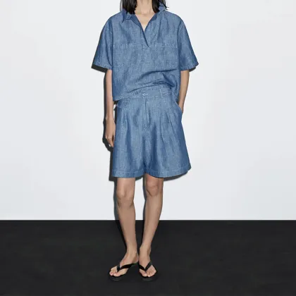 Women's pocket details cotton and linen shorts