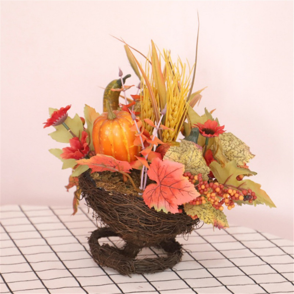 Artificial Flower Mixed Maple Leaves Barley Pumpkin Basket Table Centerpieces Autumn Harvest Thanksgiving Decorations