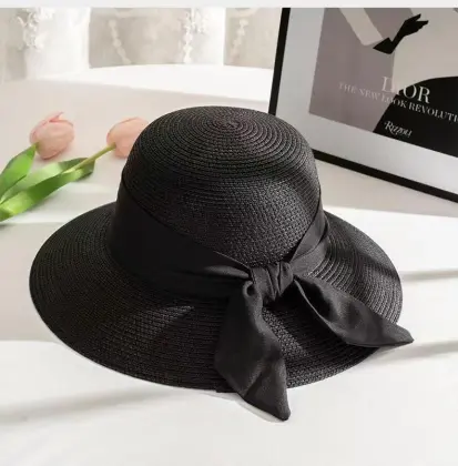 Straw Hat Women's Summer Outing: Sunscreen Beach Sun Hat, Bow Fisherman's Hat, Basin Hat - High-Quality