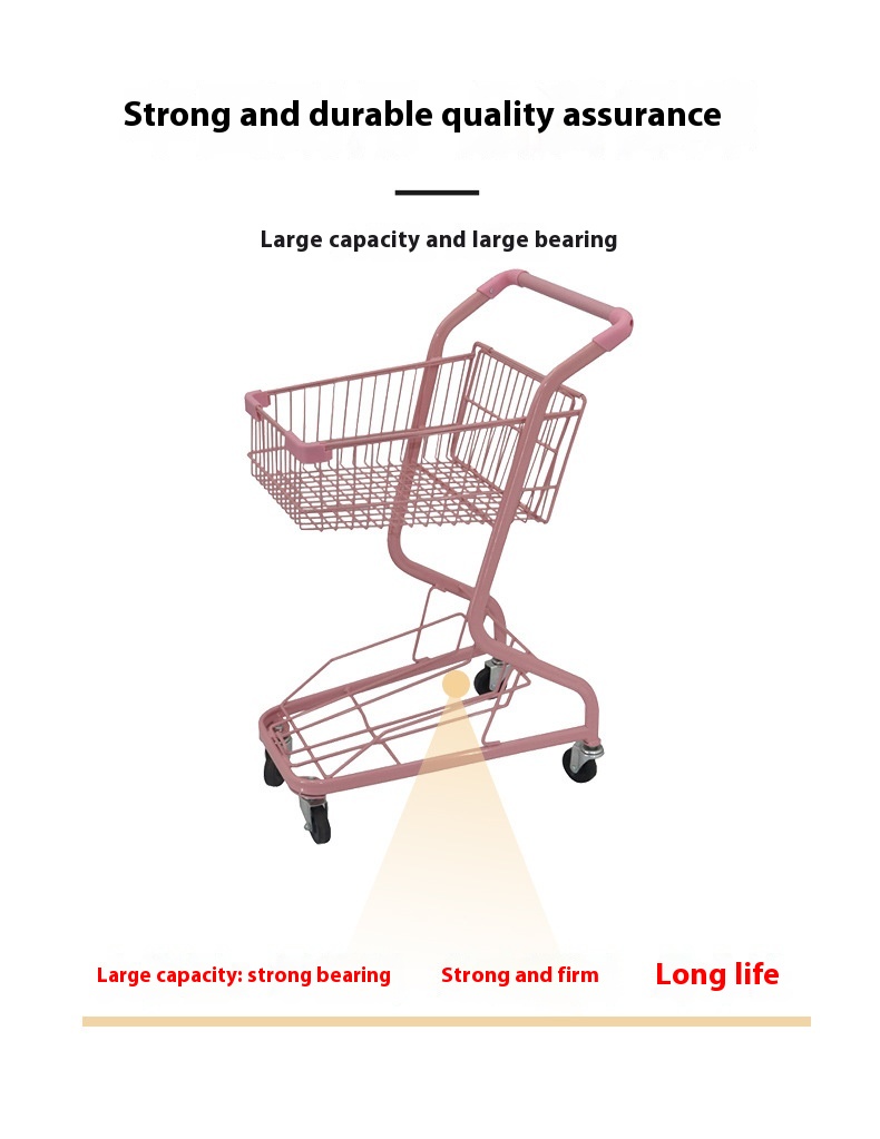 F7 Double-Layer Supermarket Basket Shopping Cart Japanese-Style KTV Drink Cart in Pink and Red Portable Platform Structure