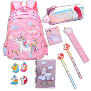 Colección de papelería de Kawaii: mochilas elegantes con artículos multicolores