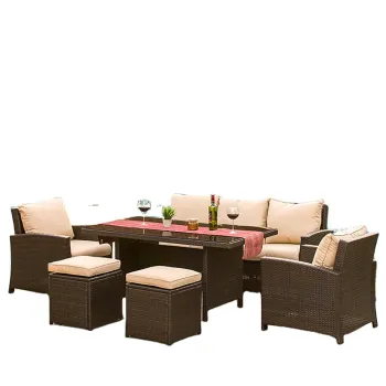 Wicker Patio Furniture Set: Outdoor PE Rattan Sectional Conversation Sofa Set with Beige Cushions and Dining Table