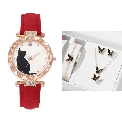 New Pop Female Fashion Watch Set: Simple Design, Kitten Theme Quartz Watch