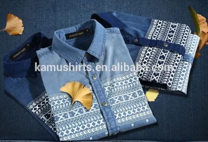 Men's Printed Denim Shirts Short Sleeve Denim Shirt For Men Washed Denim Casual Shirt